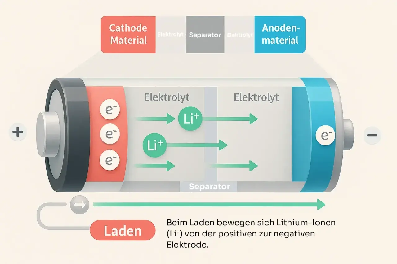 Schema zum Aufbau einer Batterie: Lithium-Ionen (Li+) bewegen sich beim Laden durch den Elektrolyten von der positiven zur negativen Elektrode.