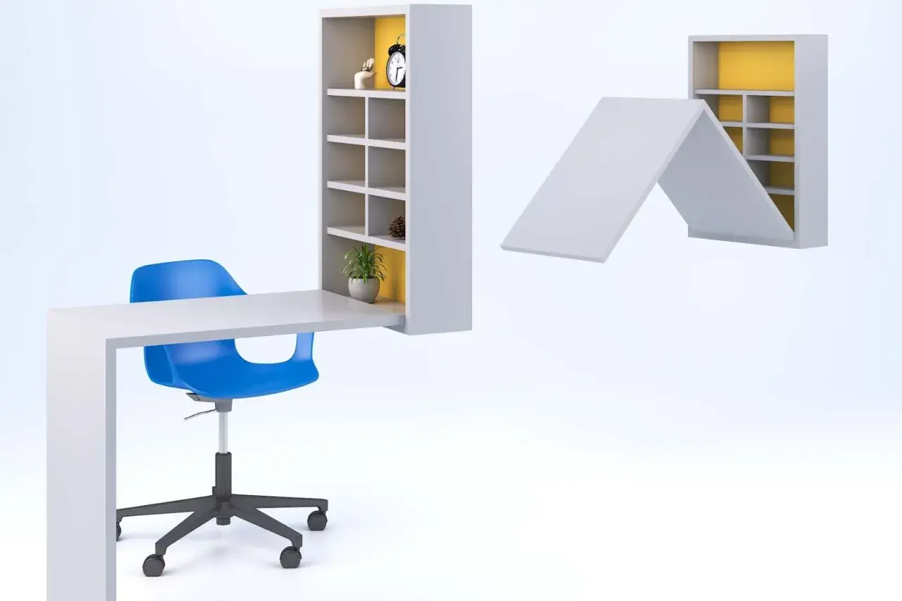 Muebles para manualidades: un escritorio blanco con estantería integrada y una silla azul. Otra estantería se pliega como techo.