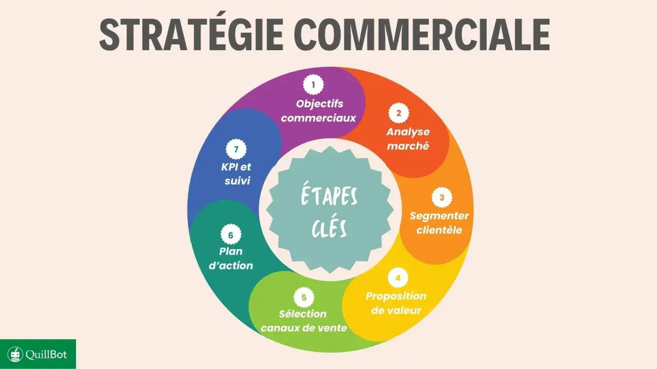 Schéma des étapes clés d'une stratégie commerciale : objectifs, analyse marché, segmentation clientèle, proposition de valeur, canaux de vente, plan d'action, KPI. Le marché cible est au cœur de cette démarche.