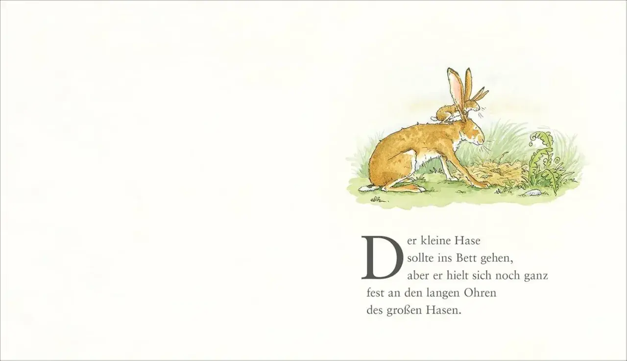 Ein kleiner Hase klammert sich an die langen Ohren des großen Hasen. Weist du eigentlich wie lieb ich dich hab, kleiner Freund?