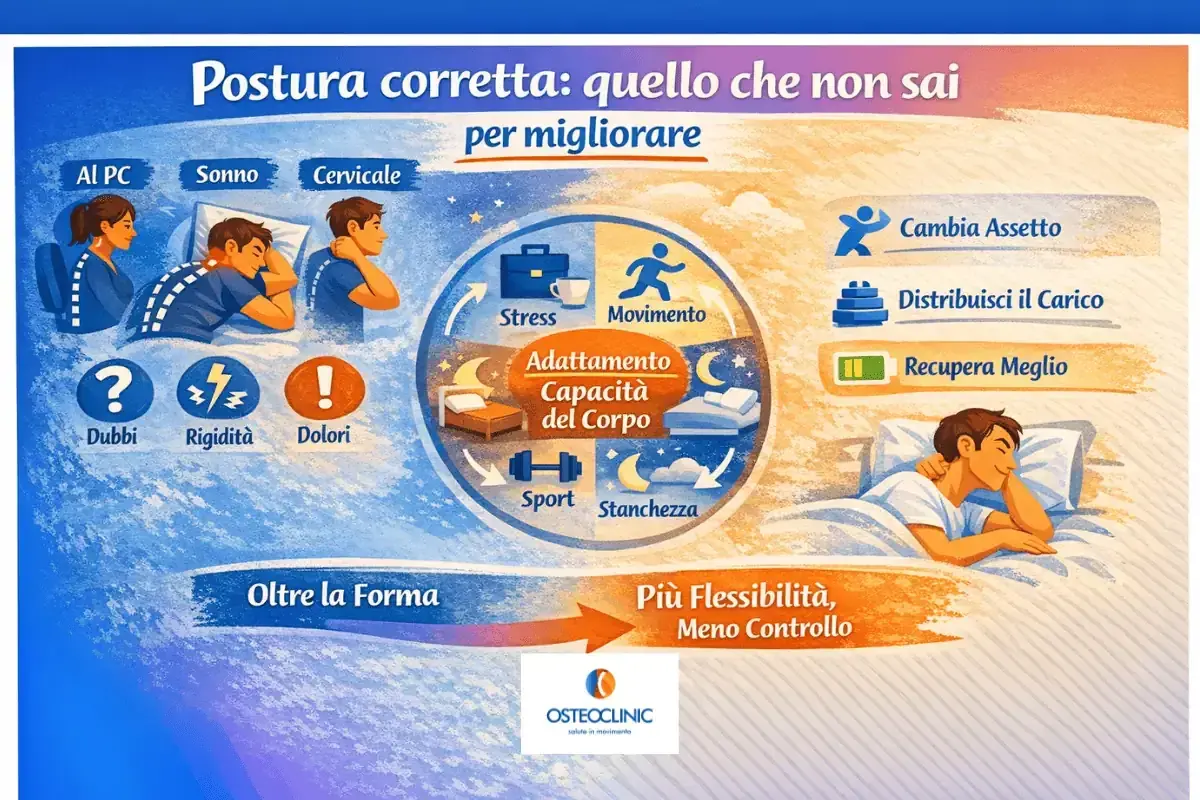 Illustrazione mostra posizioni da evitare per la cervicale: al PC, durante il sonno e in piedi. Suggerimenti per migliorare la postura.