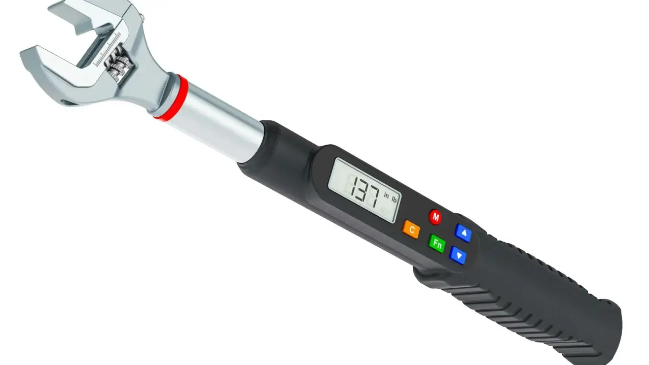 Cyfrowy klucz dynamometryczny z wyświetlaczem LCD i przyciskami.