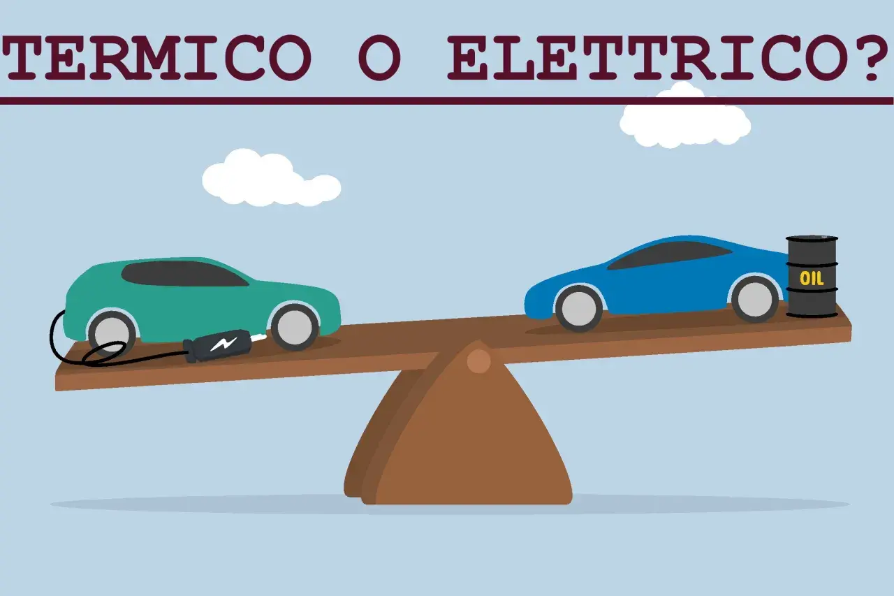 Bilancia tra auto elettrica in carica e auto a benzina con barile d'olio. La scelta per il 2035 auto.
