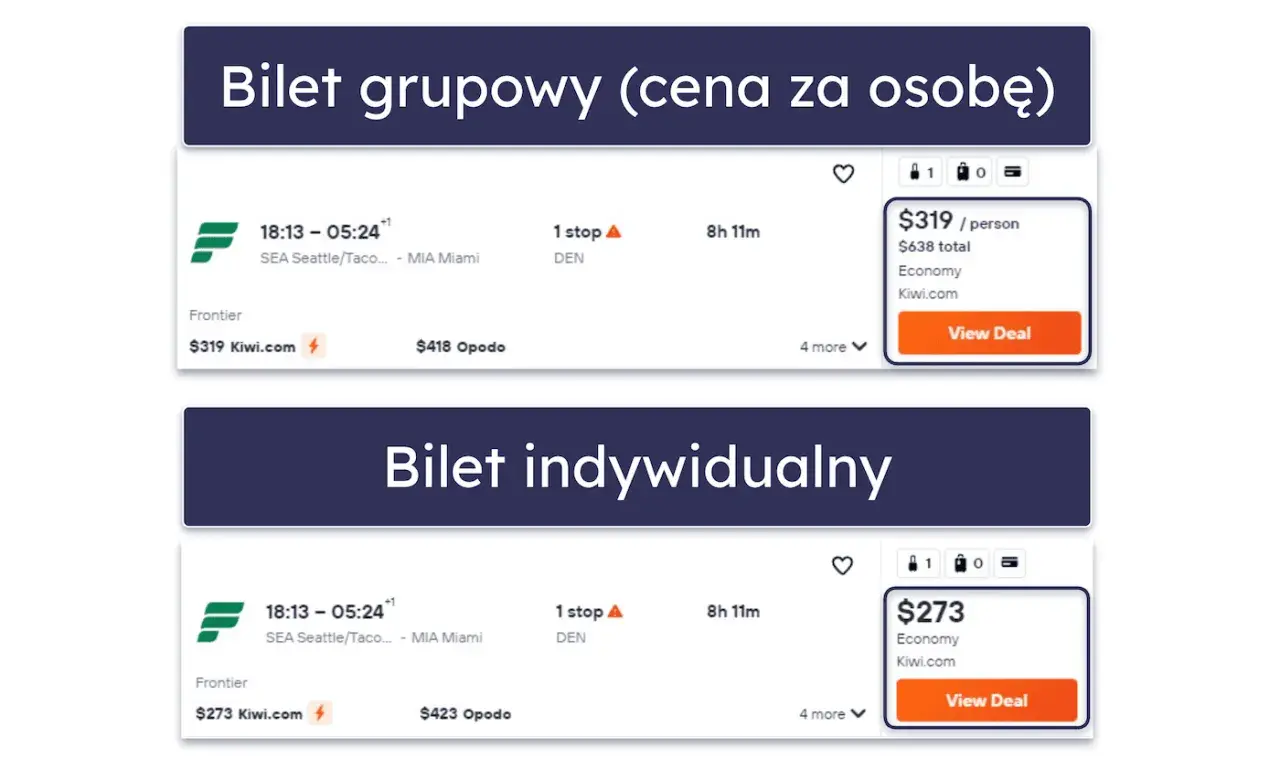 Tanie loty z Kiwi.com: grupowe za $319/os. i indywidualne za $273. Loty z Seattle do Miami z 1 przesiadką.
