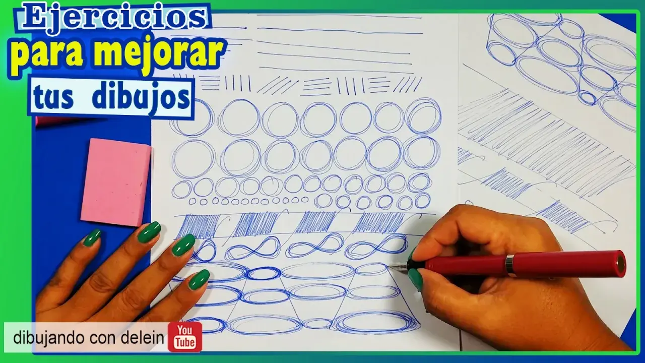 Manos practicando trazos en un **dibujo folio**: líneas, círculos y óvalos para mejorar la técnica.