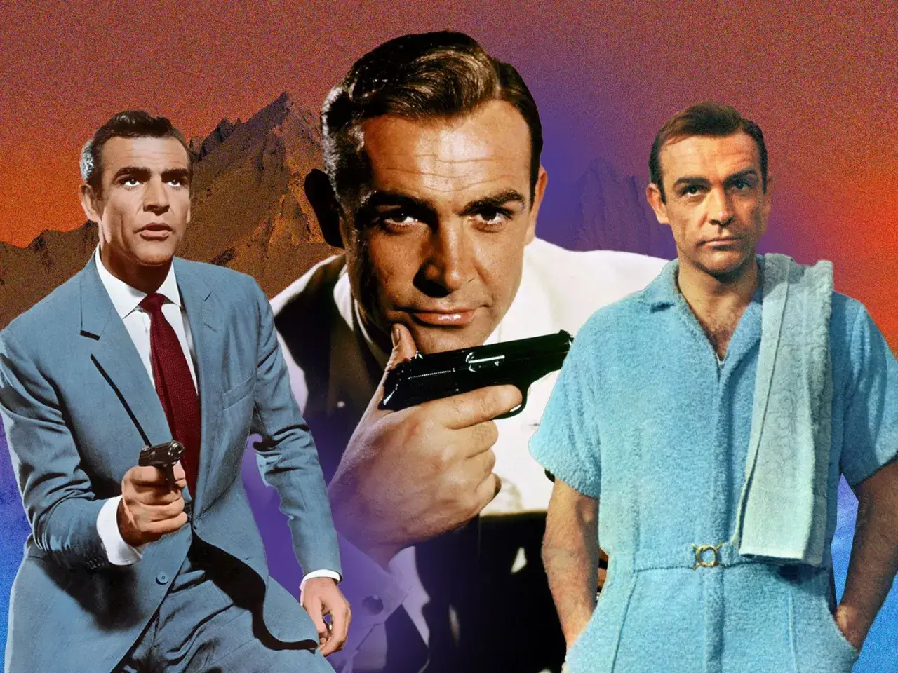 Sean Connery in drei Posen im James Bond Stil: im Anzug mit Waffe, im Bademantel und im Nahaufnahme mit Waffe.