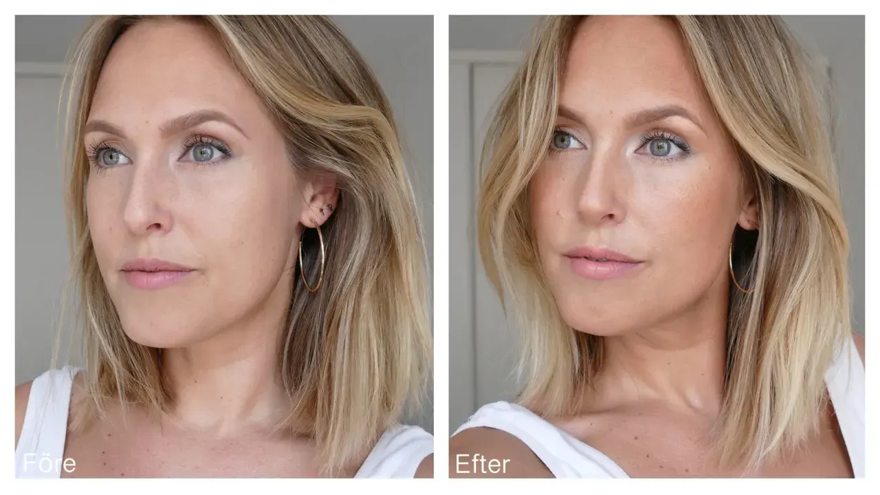Före och efter-bilder på en kvinna. Efter-bilden visar hur en kall bronzer ger en solkysst look och framhäver kindbenen.