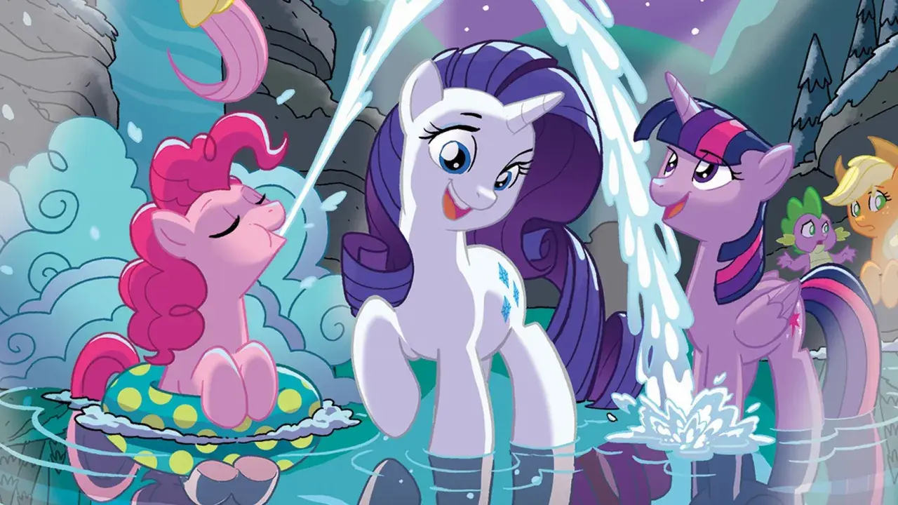 Różowe kucyki z My Little Pony testują wodę. Pinkie Pie w kółku, Rarity i Twilight Sparkle cieszą się orzeźwiającą kąpielą.