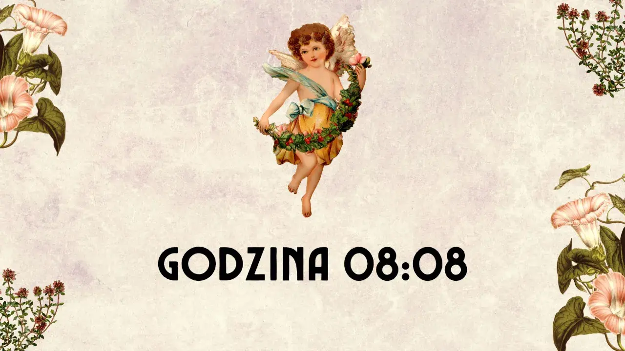 Aniołek z wiankiem, otoczony kwiatami, na tle z napisem "GODZINA 08:08". 0808 znaczenie to czas na marzenia.