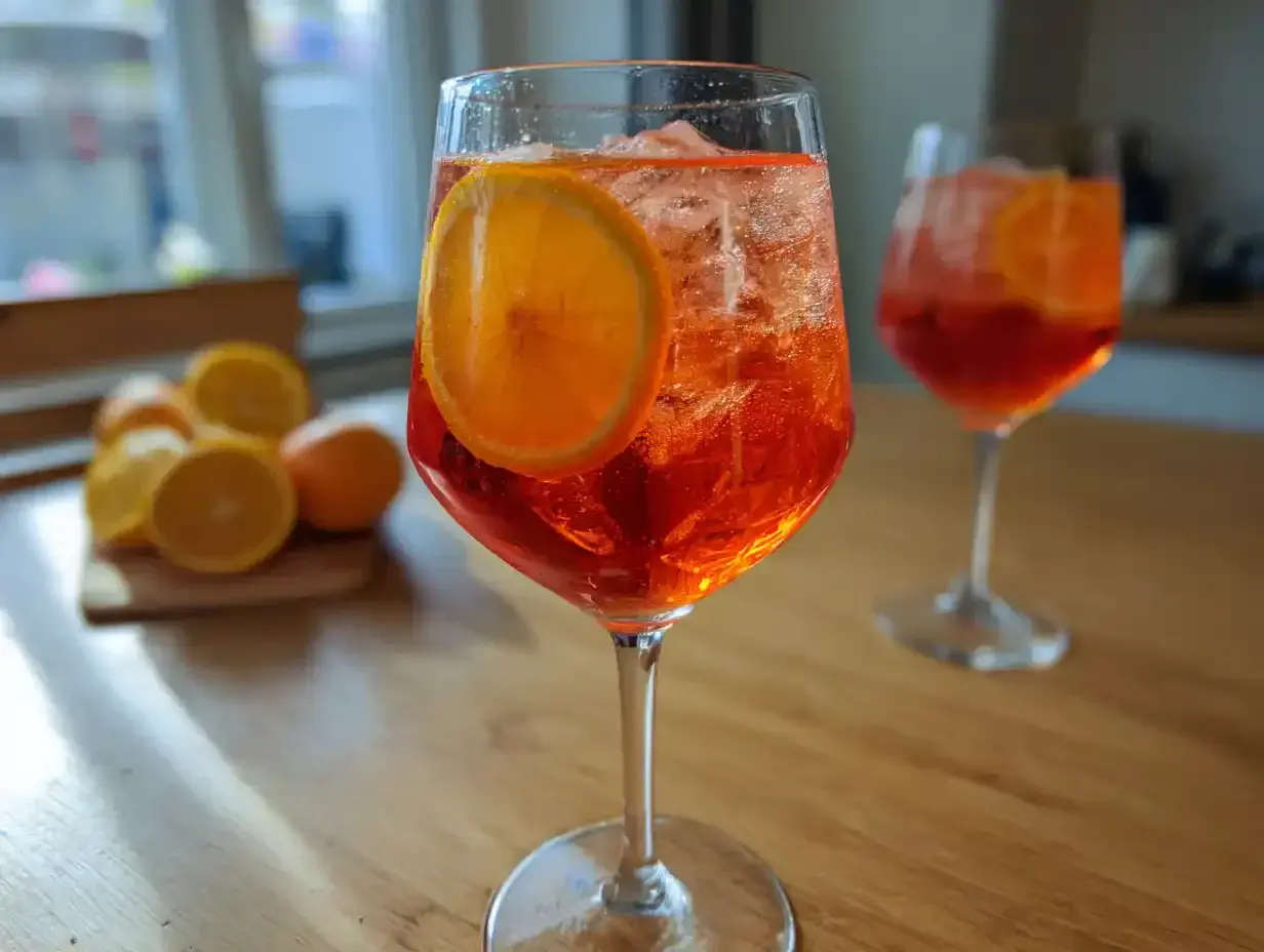Orzeźwiający Aperol Spritz z pomarańczą i lodem. Idealny aperitif, gdy szukasz prostego aperol przepis na lato.