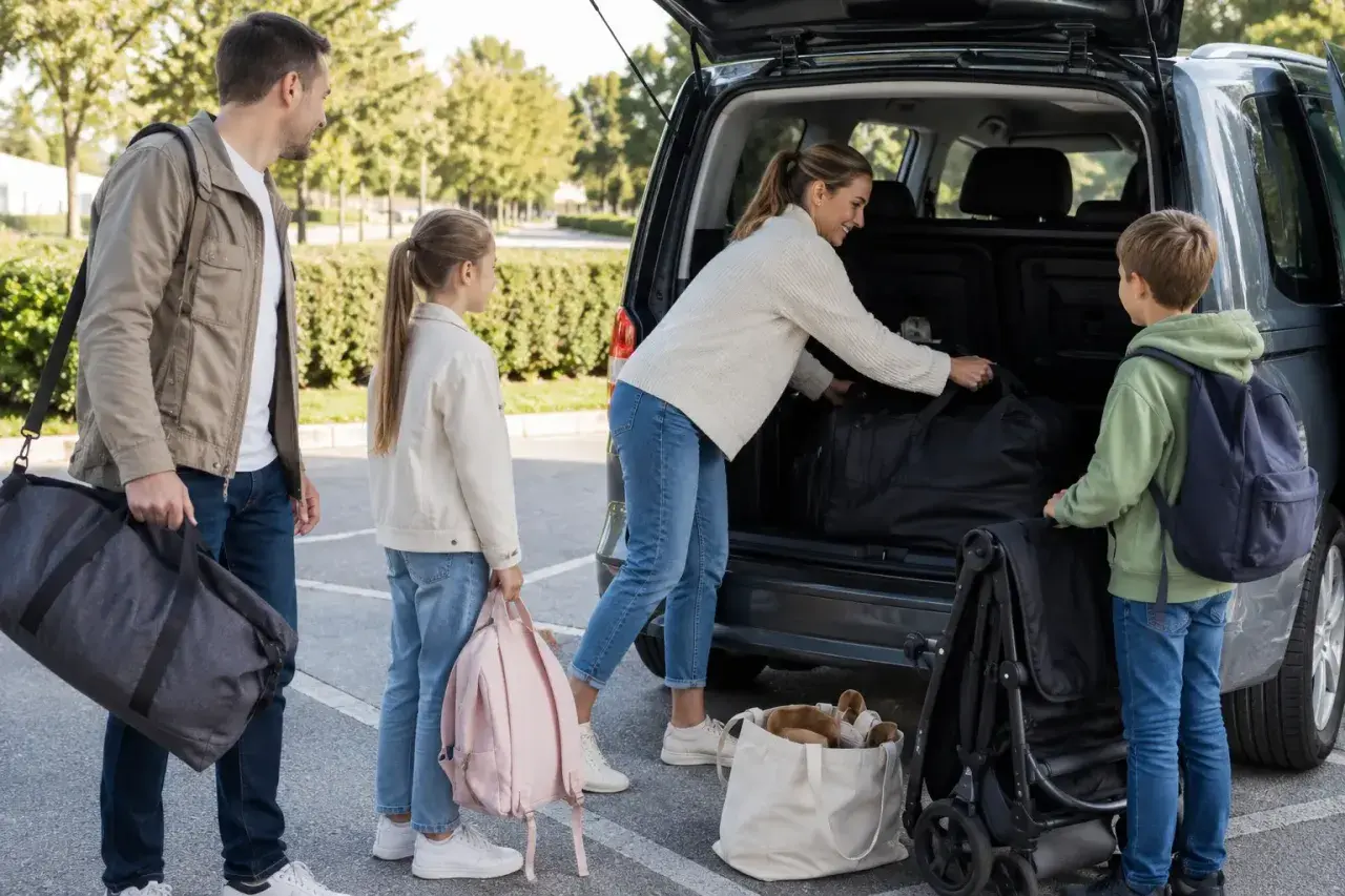 Familjen packar sin caddy hybrid inför resan. Pappa bär en stor väska, medan barnen har ryggsäckar. Mamma lägger in mer bagage i bilen.