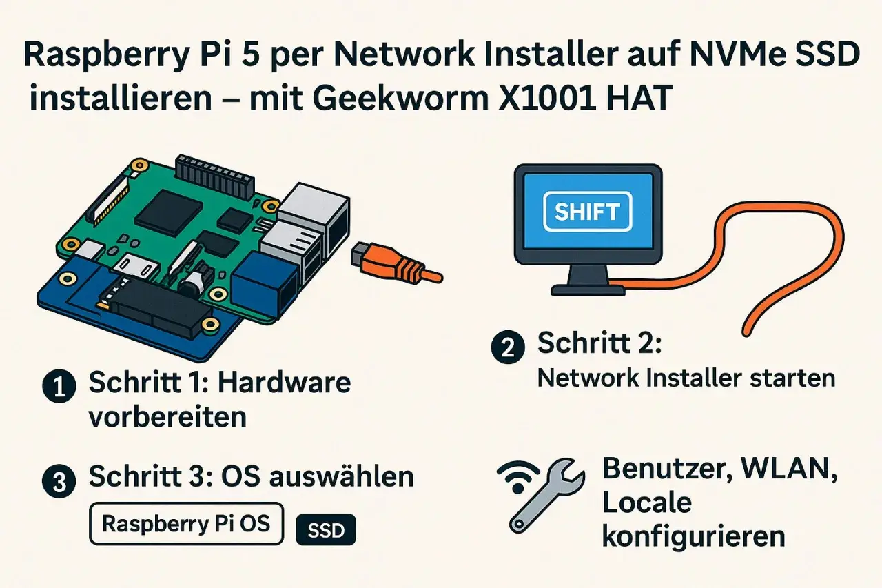 Raspberry Pi 5 mit Geekworm X1001 HAT für ein NAS vorbereiten. Installation per Network Installer auf NVMe SSD.