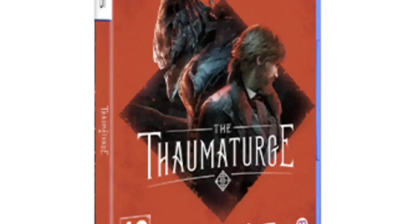 El juego "The Thaumaturge" muestra a un hombre con un traje oscuro y una criatura sombría detrás de él, con un fondo rojo vibrante.