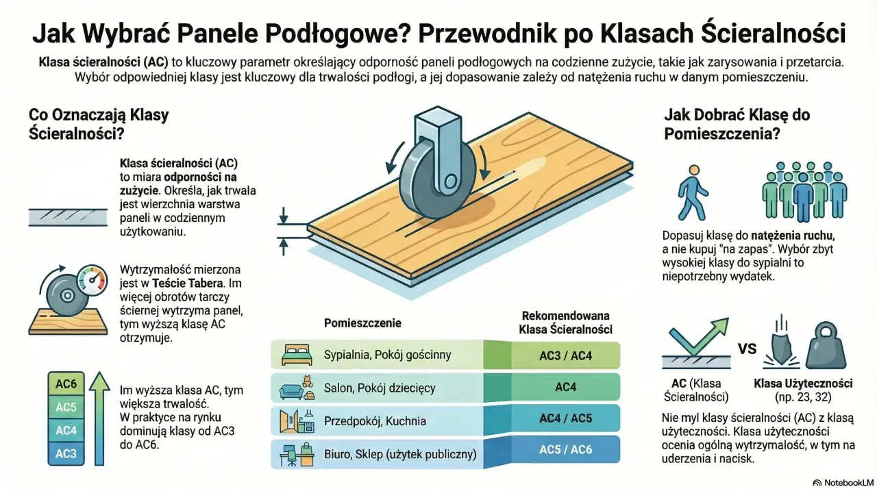 Klasa ścieralności (AC) paneli podłogowych określa ich odporność na zużycie. Wyższa klasa AC oznacza większą trwałość.