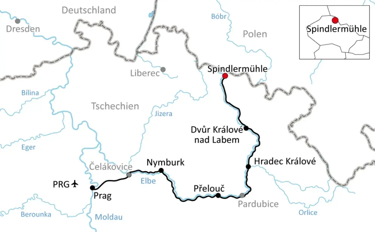 Karte des Elberadwegs in Tschechien, von Prag über Hradec Králové nach Spindlermühle.