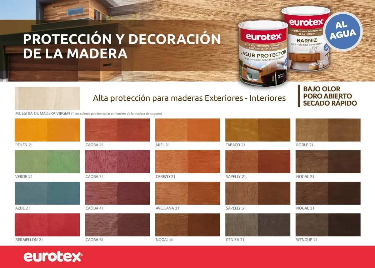 Muestras de colores de barniz para madera, con latas de producto Eurotex. Protección y decoración para exteriores e interiores.