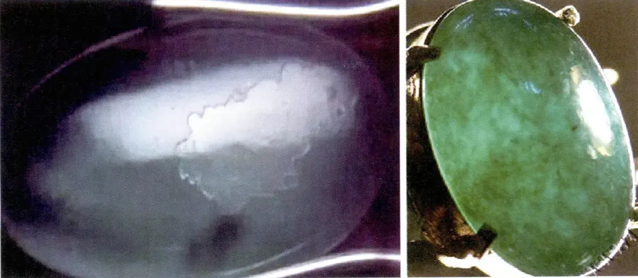 Två bilder av jade. Vänster visar en genomskinlig sten med molniga inslag, som illustrerar jade egenskaper. Höger visar en grön jade i en ring.