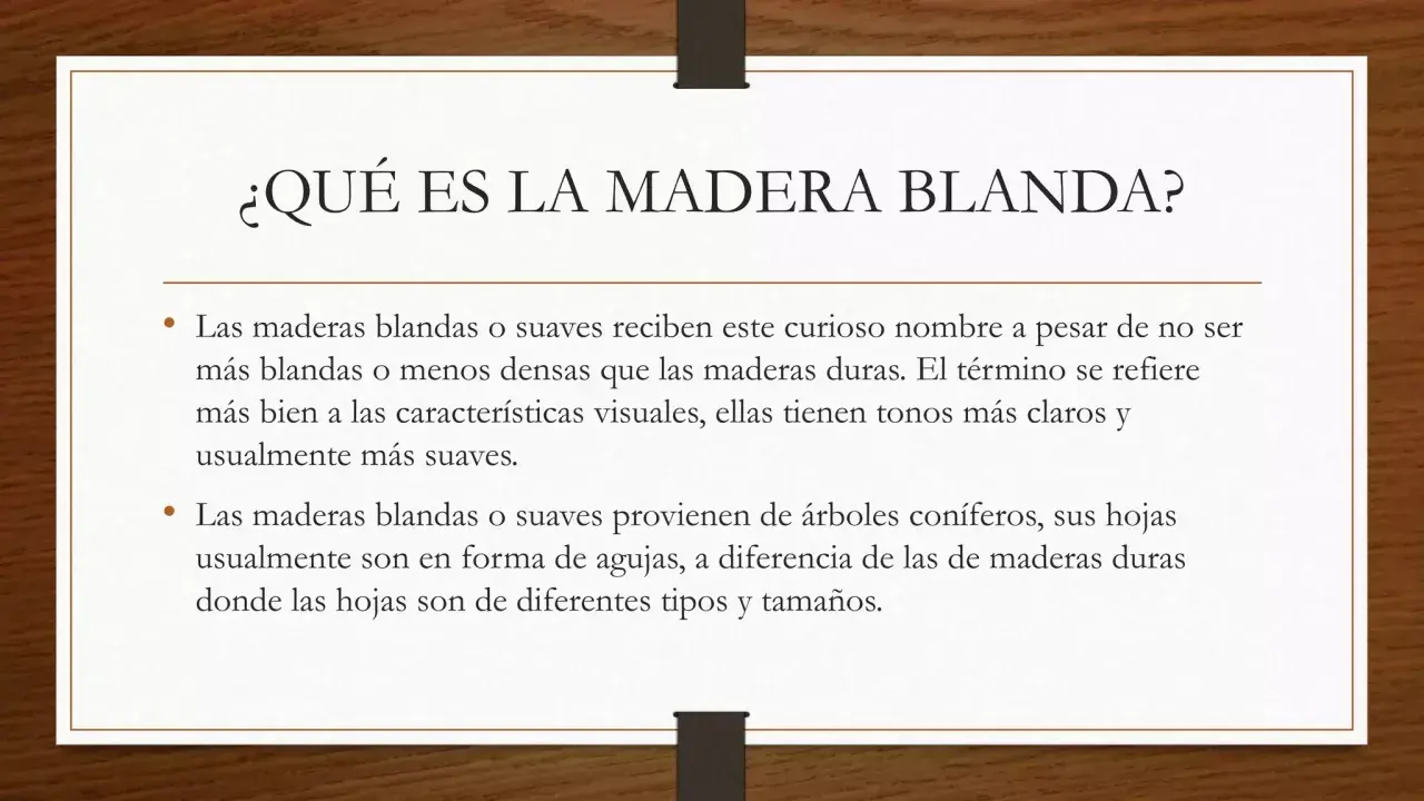 Texto explicativo sobre qué son las maderas blandas, sus características visuales y su origen en árboles coníferos.