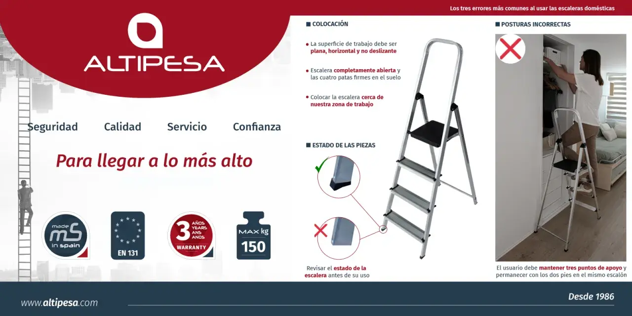 Escalera doméstica Altipesa con peldaños de tamaño adecuado para seguridad. Incluye información sobre colocación, estado de piezas y posturas correctas.