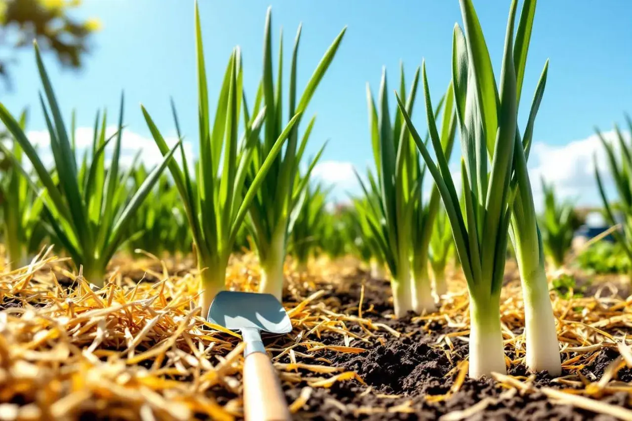 Jeunes poireaux plantés dans un sol riche, paillis de paille et petite pelle. Idéal pour savoir quand planter les poireaux.