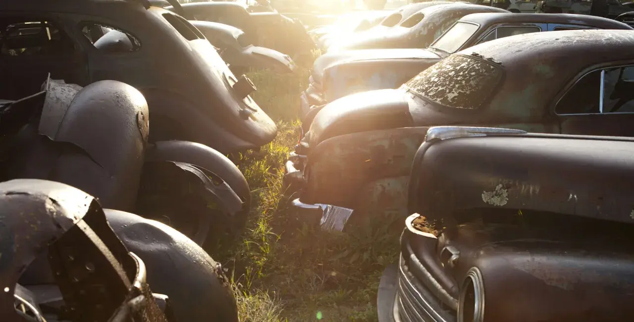 Rottami d'auto d'epoca al tramonto. Chissà quanto costa rottamare un'auto così, tra ruggine e ricordi.