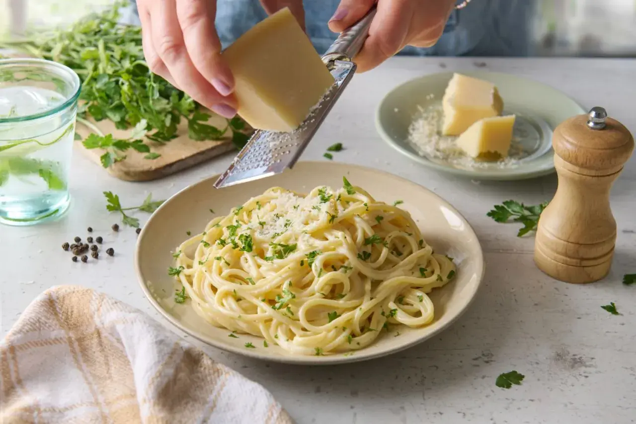Ser Grana Padano dodaje wyśmienitego smaku kremowemu makaronowi. Idealny do posypania dania.