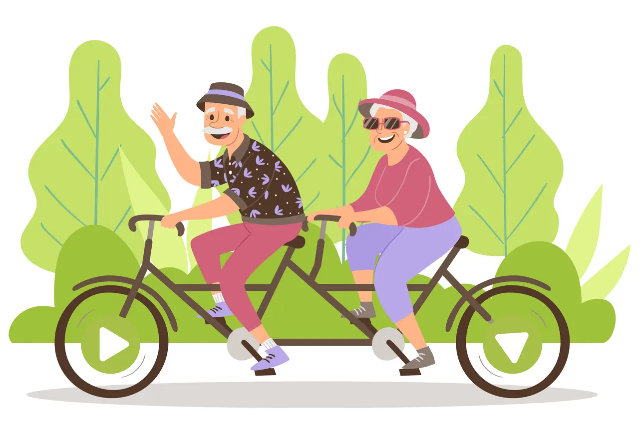 Szczęśliwi seniorzy na rowerze tandemowym, cieszący się aktywnością po odprawie emerytalnej.