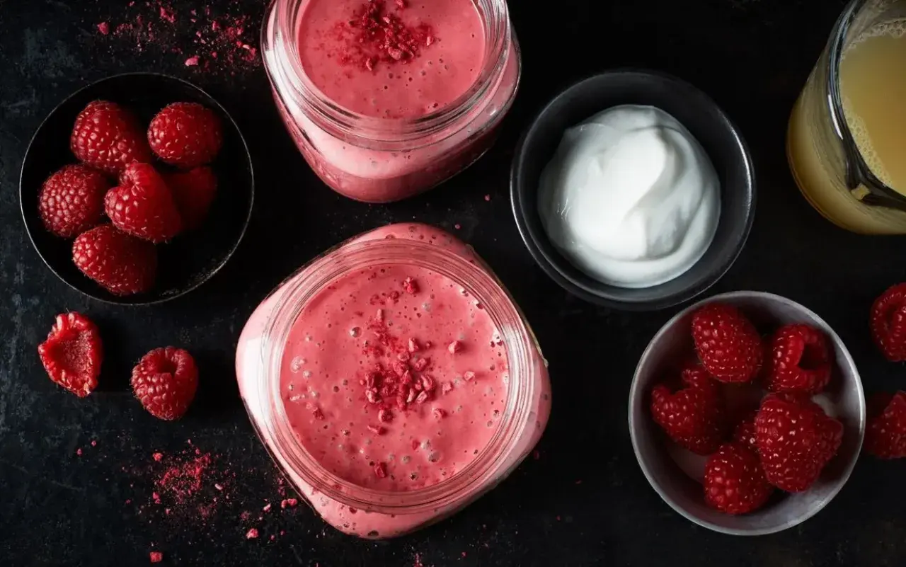 Två glas med en rosa, nyttig smoothie toppad med frystorkade hallon. Bredvid finns skålar med färska hallon och yoghurt, samt ett glas juice.