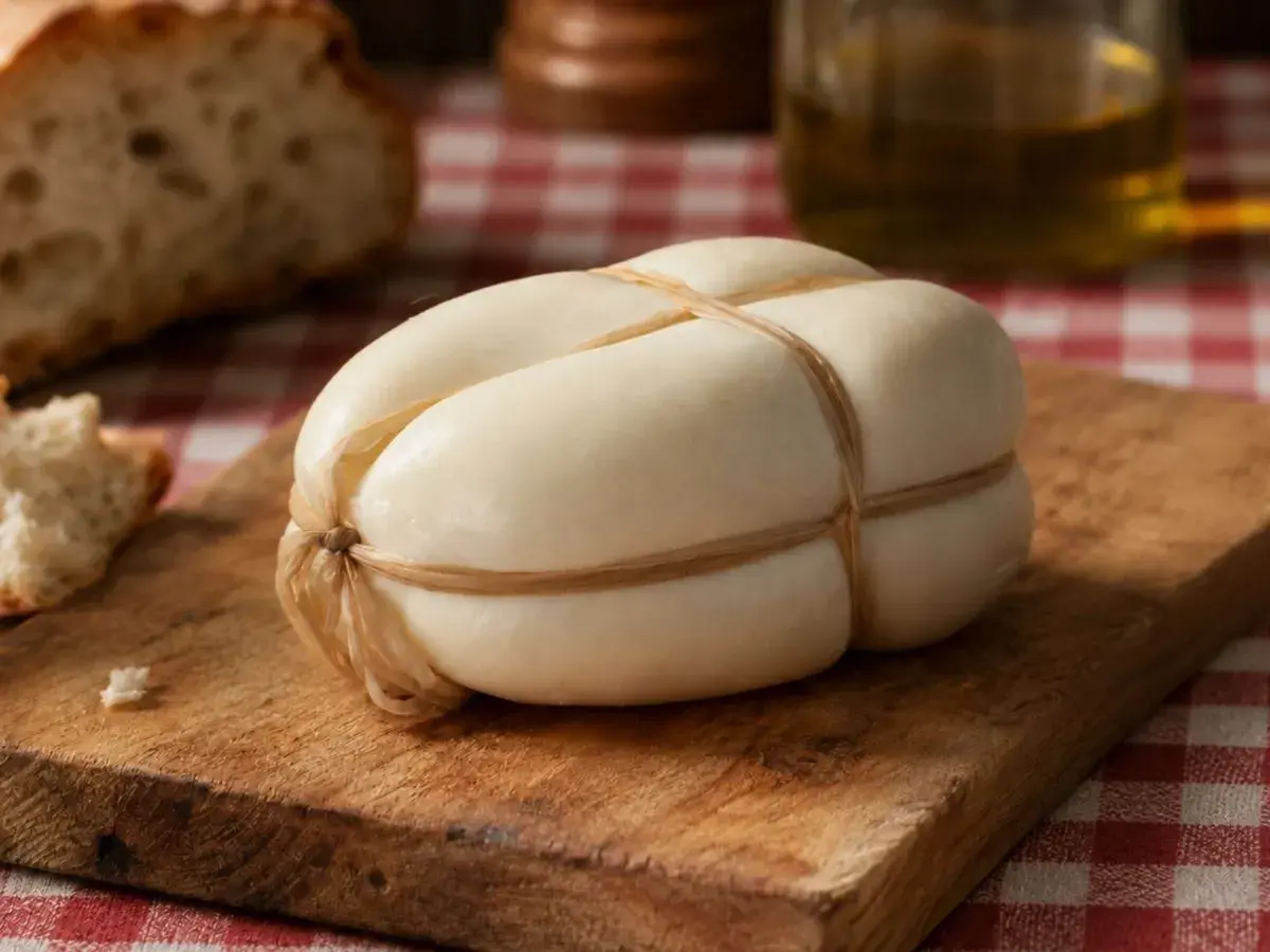Formaggio provola legato con spago su tagliere di legno, accanto a pane e olio. Ricorda che la provola contiene lattosio.