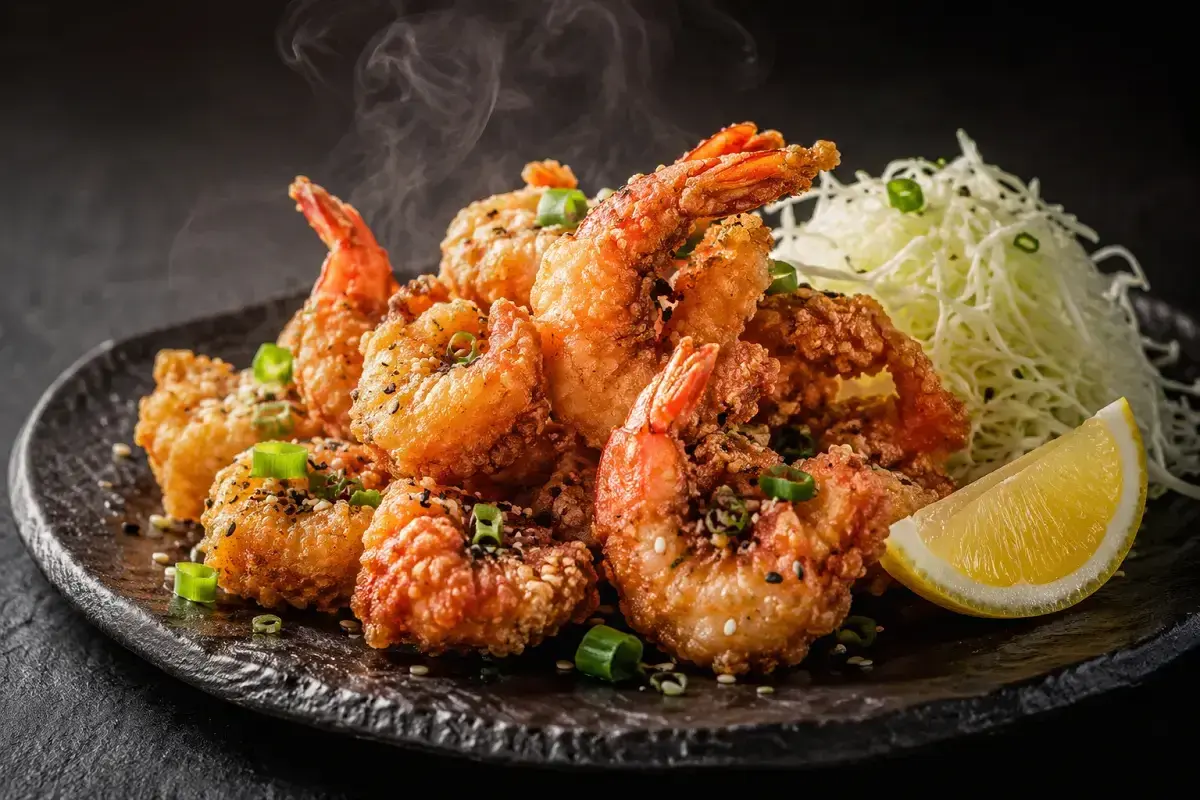 Steaming shrimp karaage, golden and crispy, piled high on a dark plate with shredded cabbage and a lemon wedge.