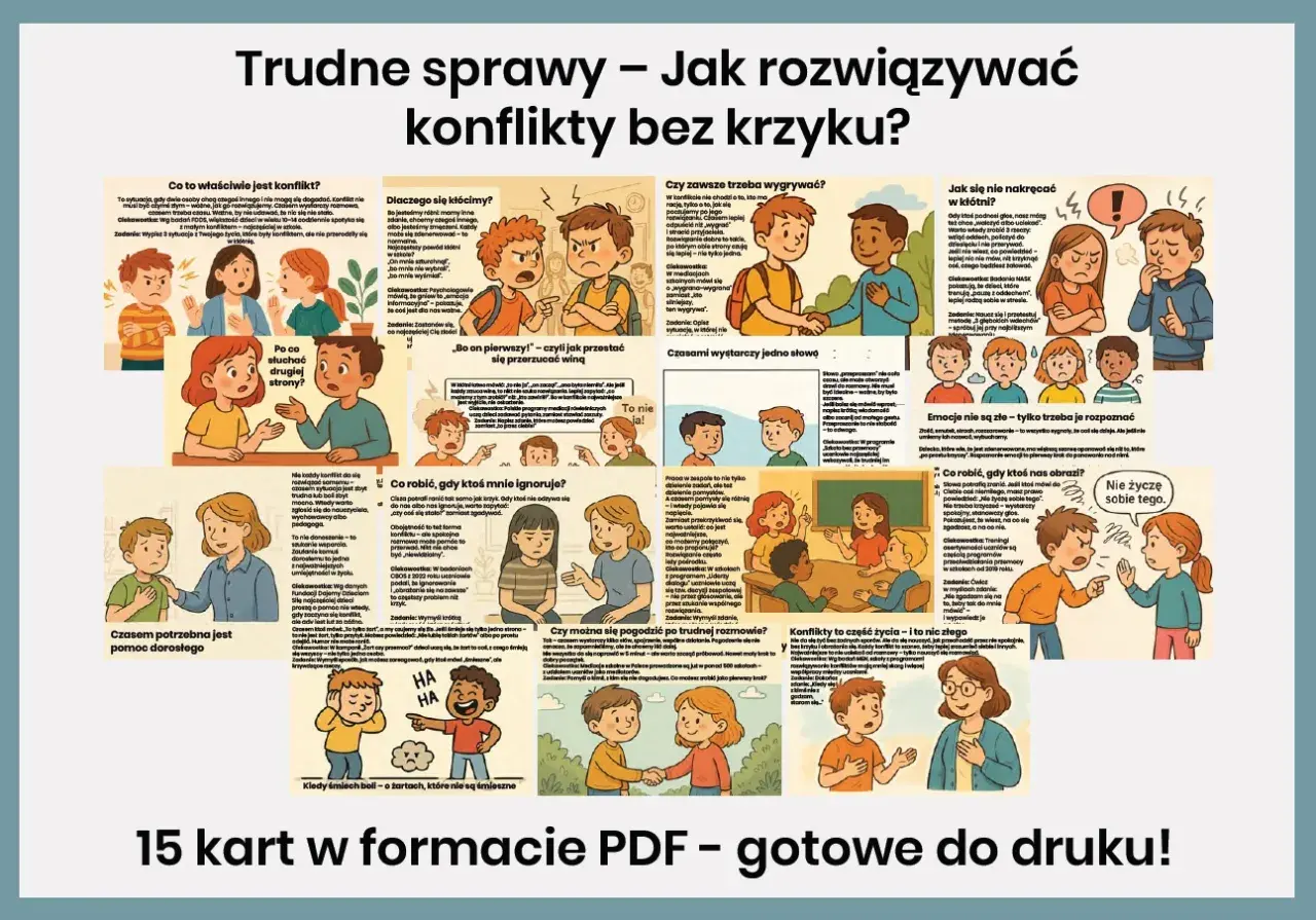 Ilustracje przedstawiają dzieci i młodzież w różnych sytuacjach konfliktowych, uczące się rozwiązywać problemy bez krzyku. Tematy tabu, takie jak kłótnie i obrażanie, są tu przedstawione w przystępny sposób.