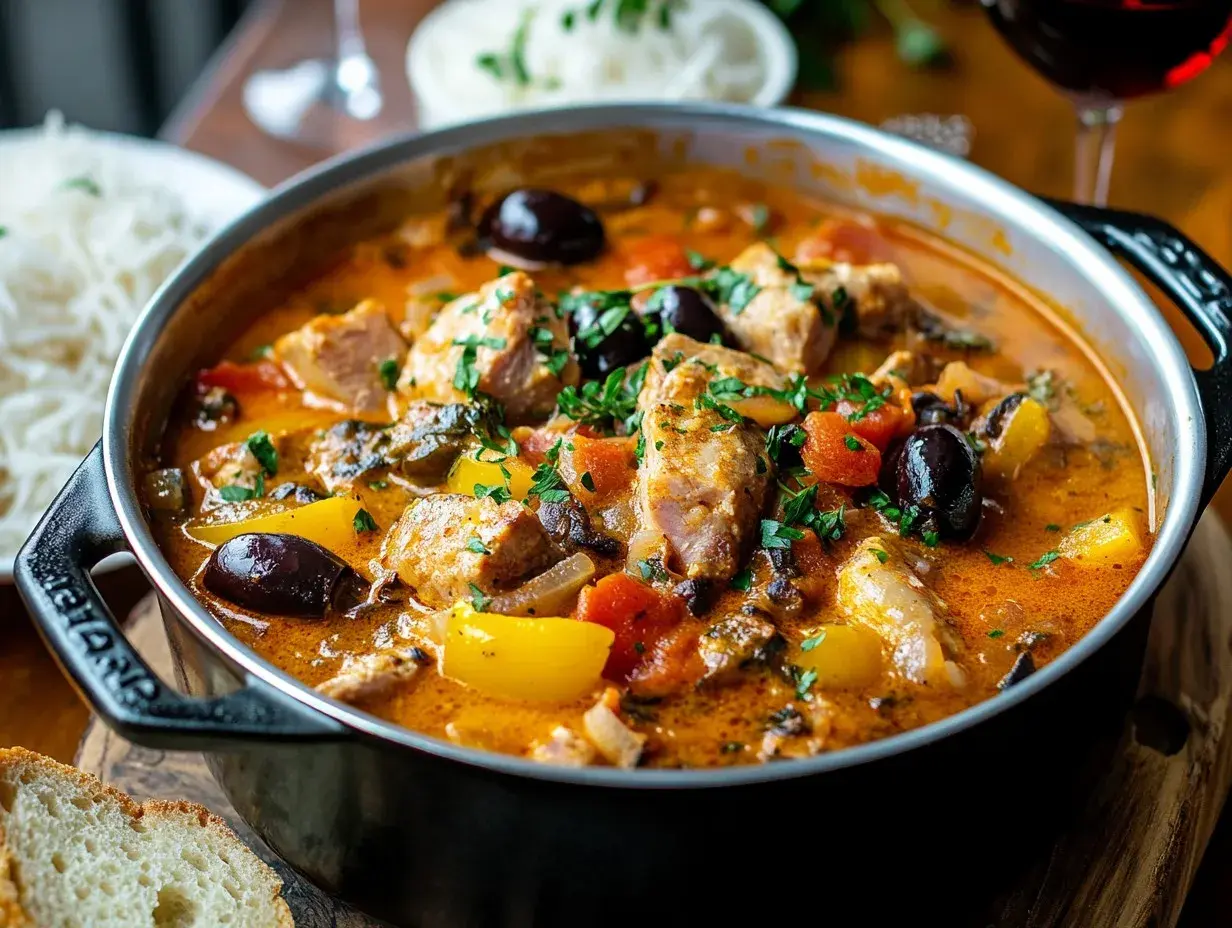 En mustig kreolsk gryta med möra köttbitar, oliver, paprika och tomater, toppad med färsk persilja. Serveras med ris och bröd.