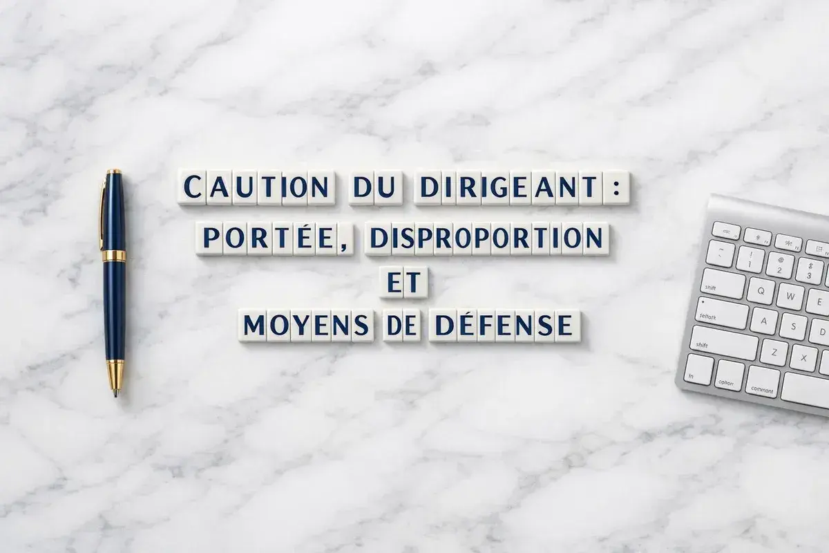 Lettres formant "Caution du dirigeant : portée, disproportion et moyens de défense". Un stylo bleu et un clavier sont visibles.