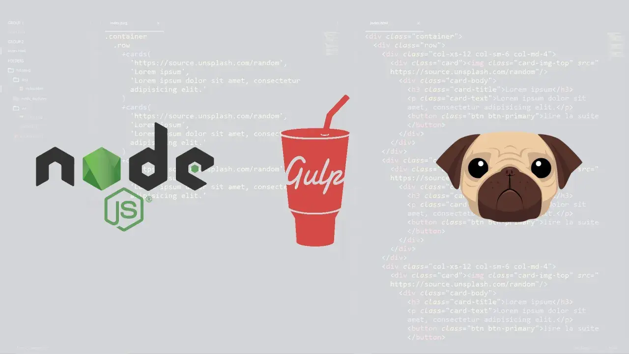 Un pug regarde du code Pug.js, une boisson "Gulp" et le logo Node.js.
