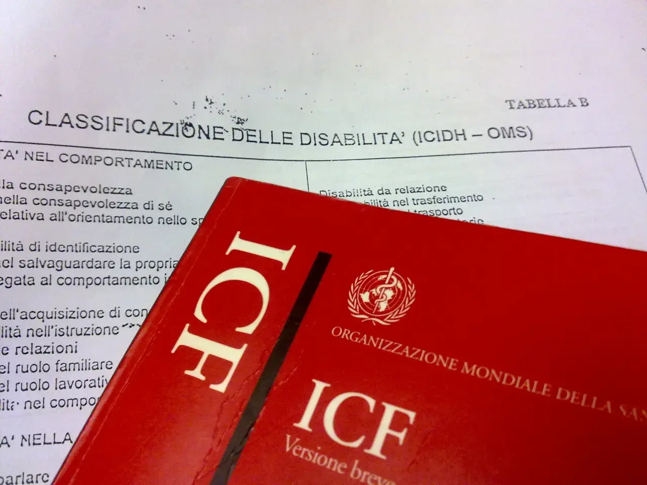 Classificazione delle disabilità (ICIDH - OMS) e copertina rossa del manuale ICF.