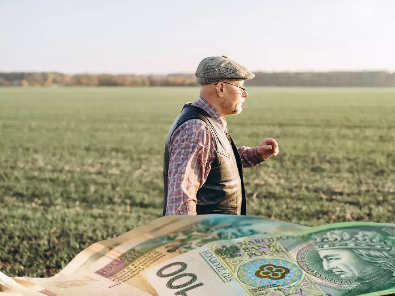 Rolnik w polu zastanawia się, ile wynosi emerytura rolnicza. Na pierwszym planie polskie banknoty.