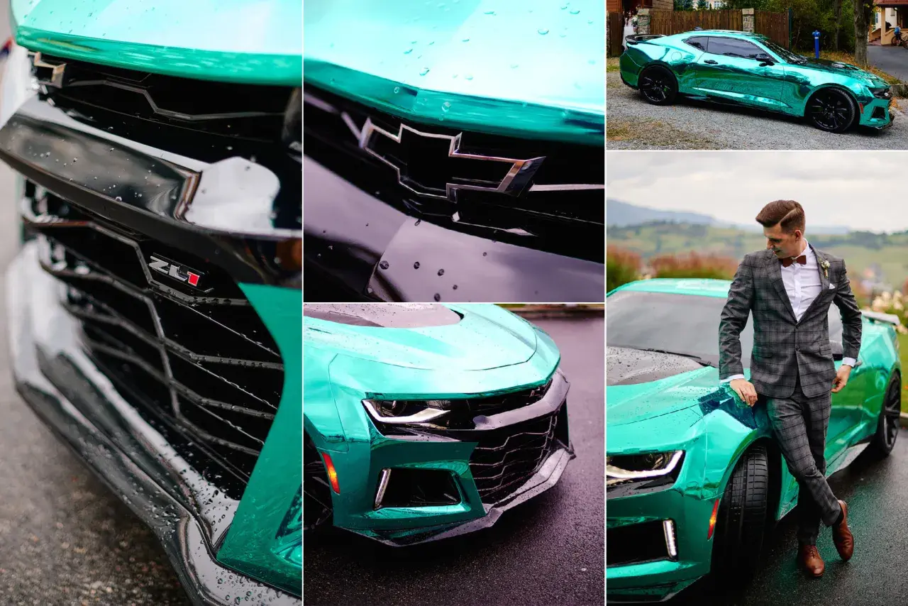 Błyszczący, turkusowy Chevrolet Camaro z bliska i z panem młodym w garniturze.