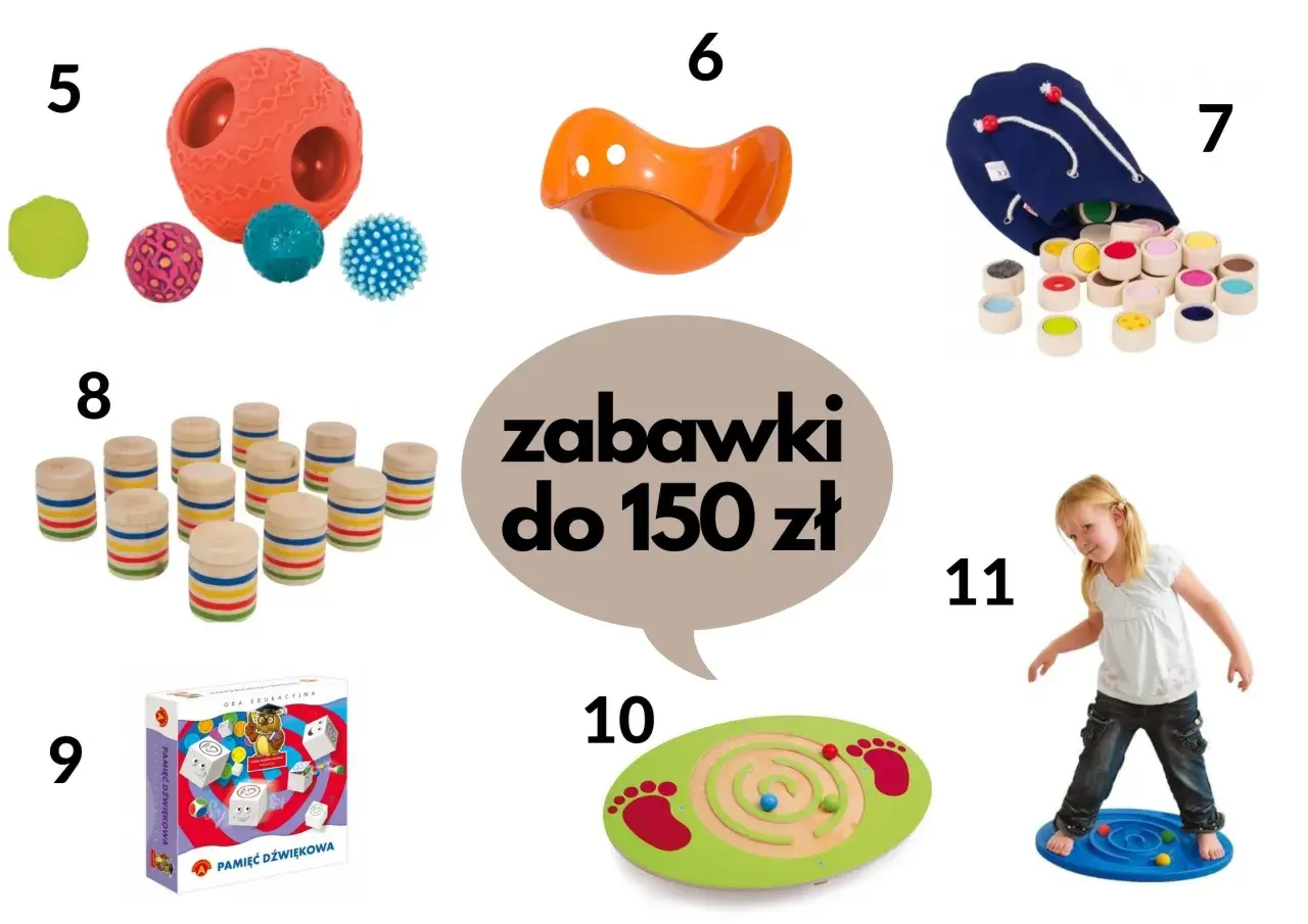 Zabawki wspierające rozwój 10 latka z zaburzeniami integracji sensorycznej: piłki sensoryczne, huśtawka, klocki, gra pamięciowa, labirynt.