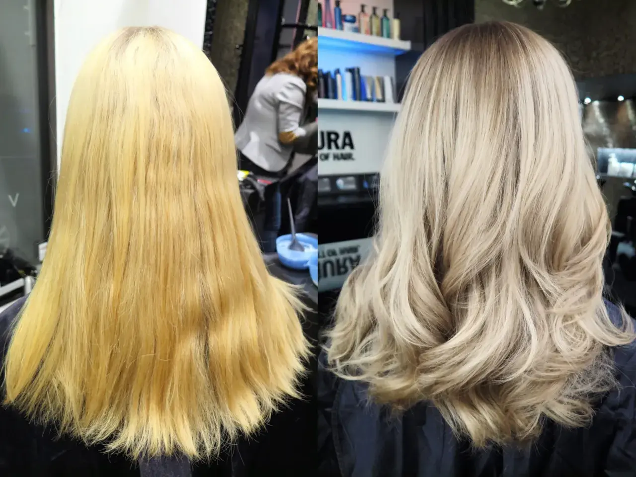 Före och efterbild på en hårförvandling. Det gula håret har fått en mjuk och fin ombre med blonda toner.