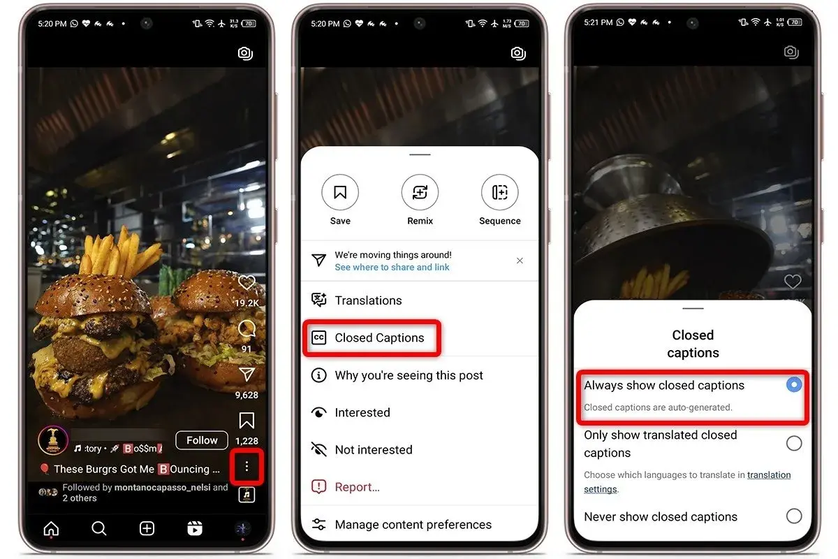 Handy-Display zeigt, wie man untertitel ausschalten kann. Drei Screenshots zeigen den Weg über das Menü zu den Einstellungen für Untertitel.