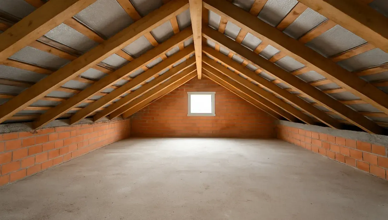 Locale tra solaio superiore e tetto di una casa, con pareti in mattoni, tetto spiovente in legno e un piccolo lucernario.
