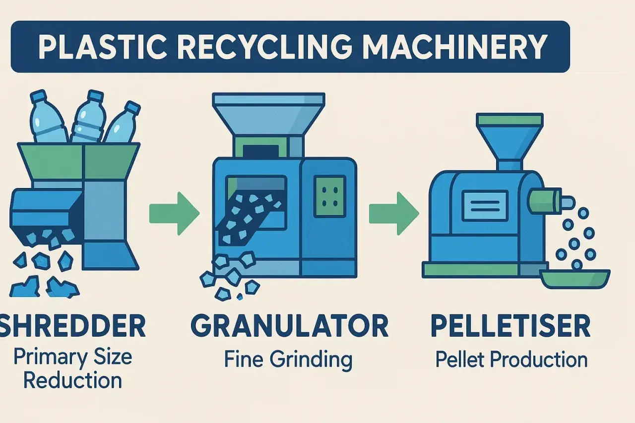 Schemat recyklingu plastiku: shredder rozdrabnia butelki, granulator mieli je na drobne kawałki, a pelletiser tworzy granulki. To jak maszyna do kruszenia skał, tylko dla plastiku.
