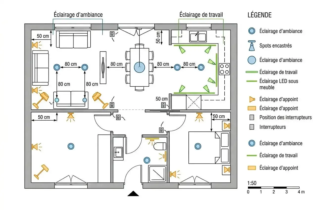 Plan d'une maison avec différents types d'éclairage : d'ambiance, de travail, d'appoint. Chaque pièce est étudiée pour un confort lumineux optimal, avec des indications de distance et de lumen par pièce.