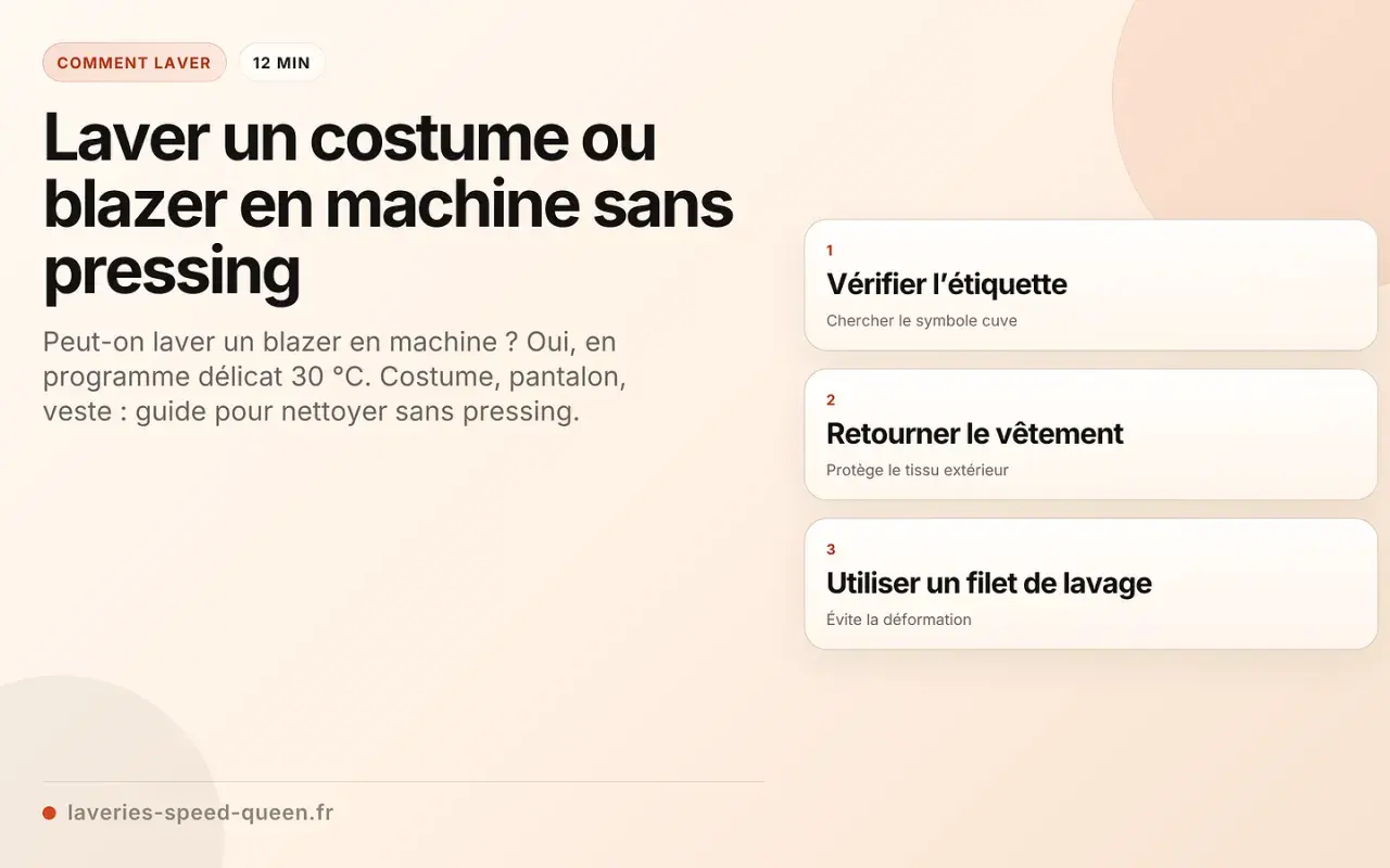 Guide pour le lavage d'une veste en machine sans pressing. Vérifier l'étiquette, retourner le vêtement et utiliser un filet de lavage.