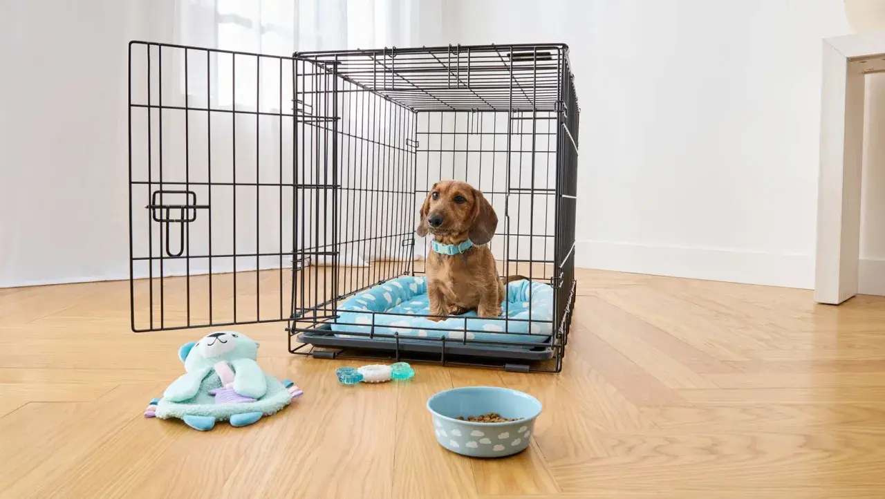 A dachshund sits in a crate, contemplating what size crate for my dog. Toys and a food bowl are nearby.