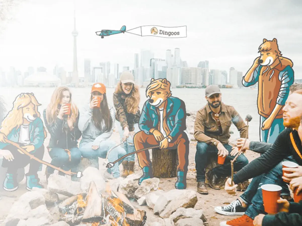 Amigos antropomórficos y humanos disfrutan de una fogata en Canadá, un intercambio cultural con el logo de "Dingoos".