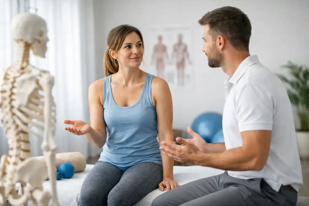 Frau spricht mit Physiotherapeut über ihre Beschwerden. Ein Skelettmodell steht im Hintergrund.