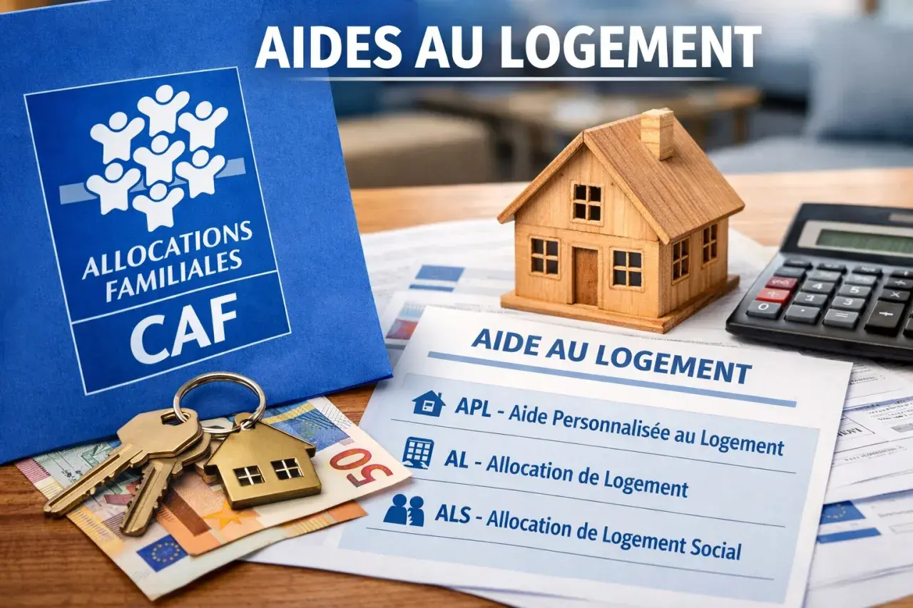 Dossier bleu CAF, maison en bois, clés, argent et calculatrice. Aide au logement : APL, AL, ALS.