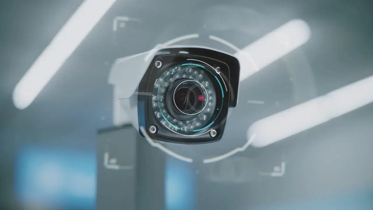 Caméra de surveillance moderne avec des lumières infrarouges. Elle est prête à enregistrer, ce qui signifie que "rec" sur une caméra indique qu'elle est en mode d'enregistrement actif.