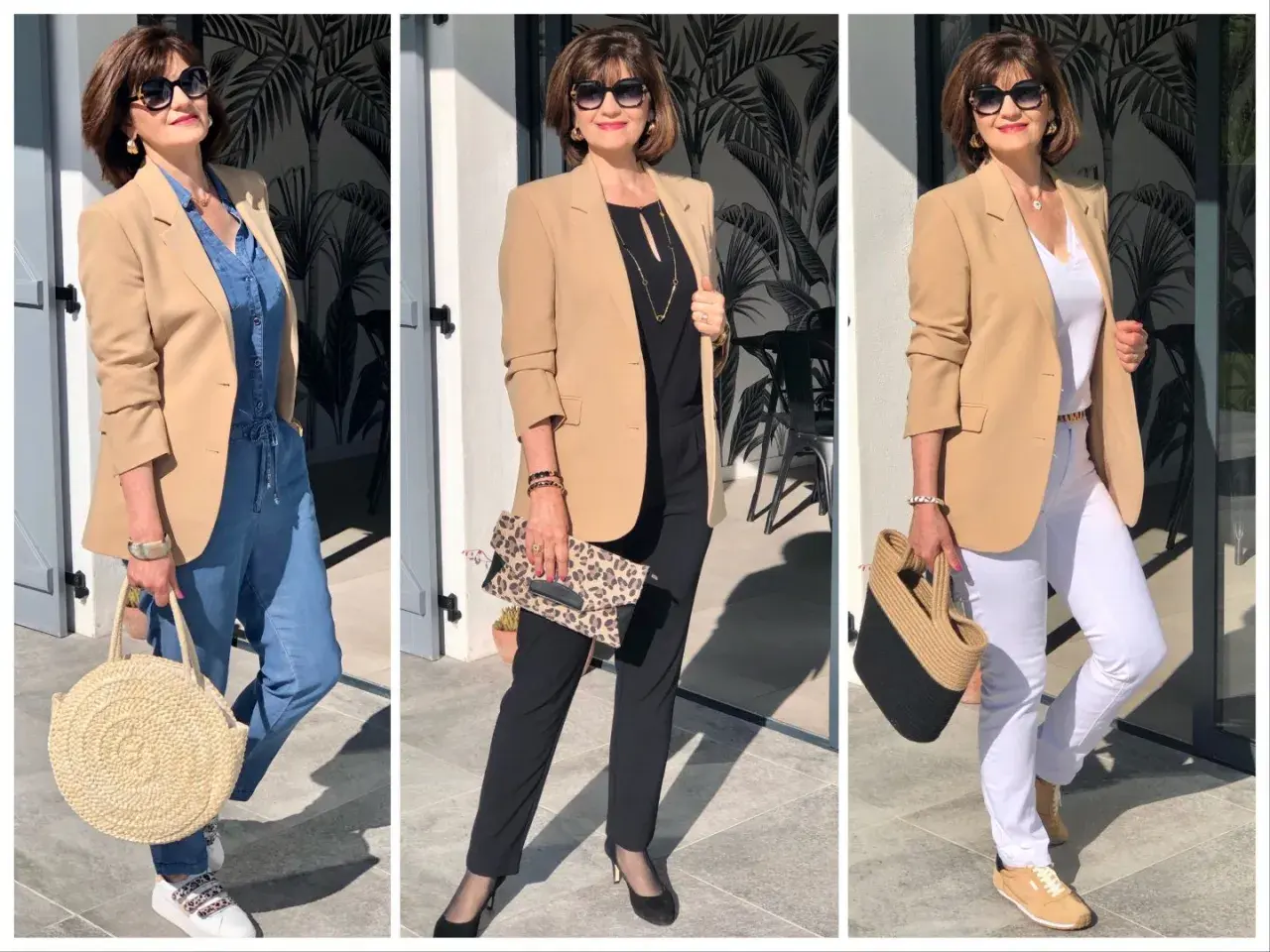 Une femme porte un blazer beige avec trois tenues différentes : une combinaison en jean, un tailleur noir et un pantalon blanc. C'est quoi un blazer ? C'est une veste chic et polyvalente.